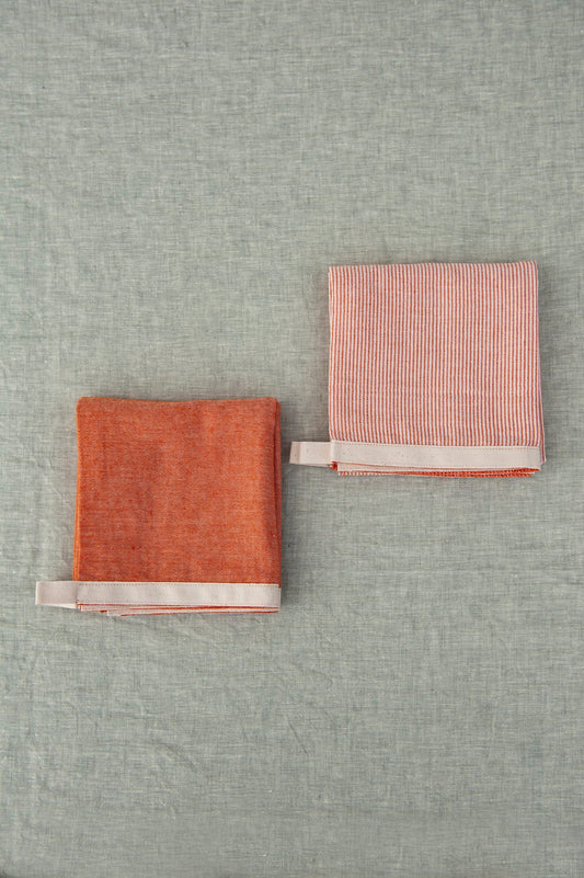 BICLA // Set of 2 Kitchen Towels Stripes/Plain Brick Orange