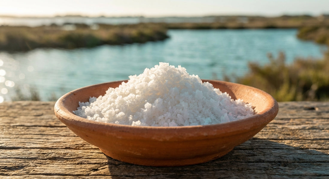 A ceramic bowl of delicate white Flor de Sal crystals resting on weathered wood, bathed in warm golden light with a blurred coastal lagoon in the background.