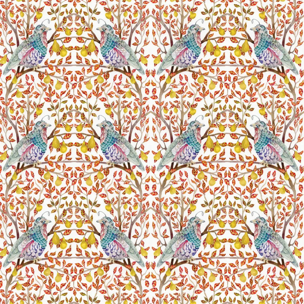 Close-up of a repeating pattern of blue-green partridges among pear trees with yellow fruit and red leaves.