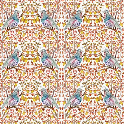 Close-up of a repeating pattern of blue-green partridges among pear trees with yellow fruit and red leaves.