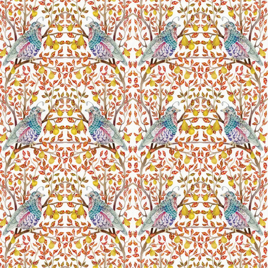 Close-up of a repeating pattern of blue-green partridges among pear trees with yellow fruit and red leaves.