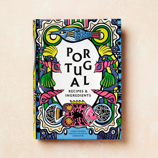 Portugal: Recipes and Ingredients book cover with brightly colored fish, shells, and decorative patterns around the title.