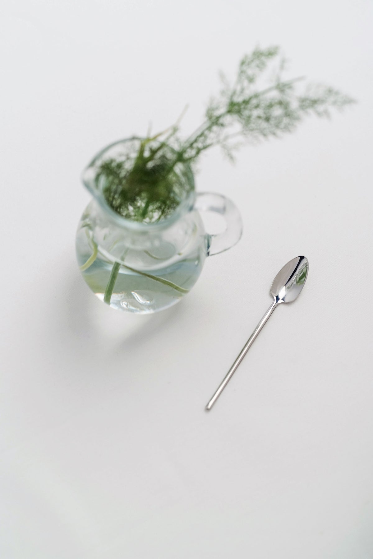 Slender silver teaspoon beside a small glass pitcher of greenery on white.