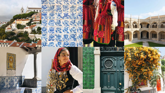 Collage of Portuguese architecture, blue and green tiles, traditional embroidered clothing, and flowering vines.