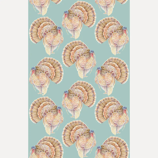 Turquoise tea towel pattern of repeated brown wild turkeys with fanned tails.