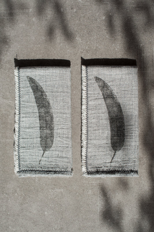 BICLA // Set of 2 Grey Melange Napkins With Handprinted Eucalyptus Foliage