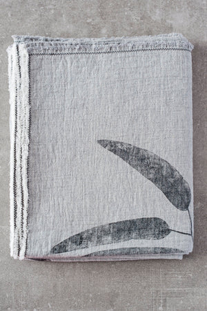 Open image in slideshow, BICLA // Table Cloth Grey Melange With Handprinted Eucalyptus Foliage
