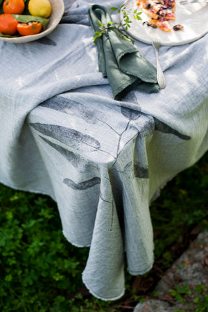 BICLA // Table Cloth Grey Melange With Handprinted Eucalyptus Foliage