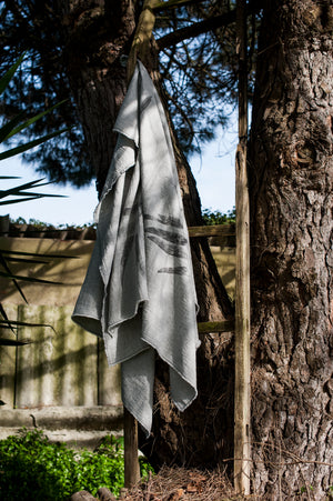 BICLA // Table Cloth Grey Melange With Handprinted Eucalyptus Foliage